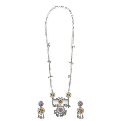 Antique Silver Oxidised Oxidized CZ,Pearl Beaded Pendant Design With Matching Attractive Earring Long Jewellery Jewelry Necklace Set (SJN_296_S_RG)