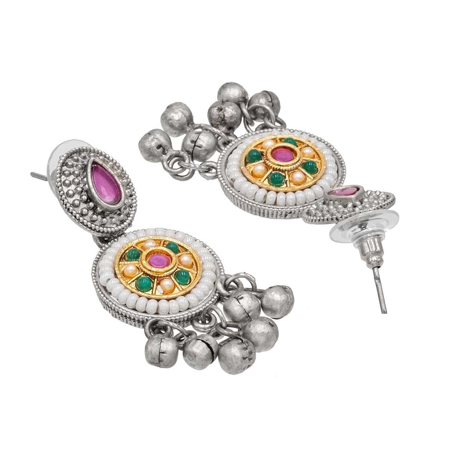 Antique Silver Oxidised Oxidized CZ,Pearl Beaded Pendant Design With Matching Attractive Earring Long Jewellery Jewelry Necklace Set (SJN_296_S_RG)
