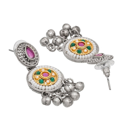 Antique Silver Oxidised Oxidized CZ,Pearl Beaded Pendant Design With Matching Attractive Earring Long Jewellery Jewelry Necklace Set (SJN_296_S_RG)