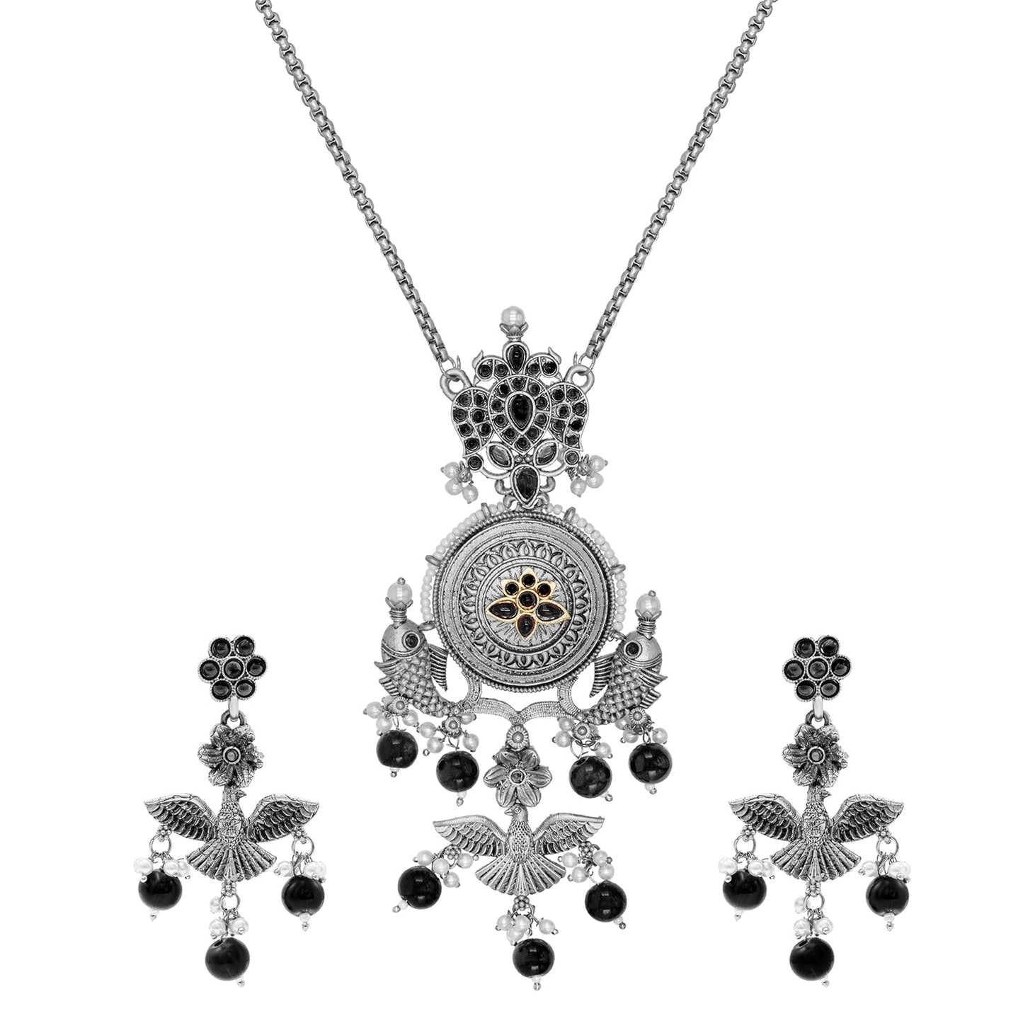 Antique Silver Oxidised Oxidized CZ,Pearl Beaded Fish and Flower Pendant Design With Matching Attractive Earring Long Jewellery Jewelry Necklace Set (SJN_297_S_M)