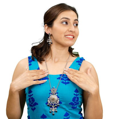Antique Silver Oxidised Oxidized CZ,Pearl Beaded Fish and Flower Pendant Design With Matching Attractive Earring Long Jewellery Jewelry Necklace Set (SJN_297_S_M)