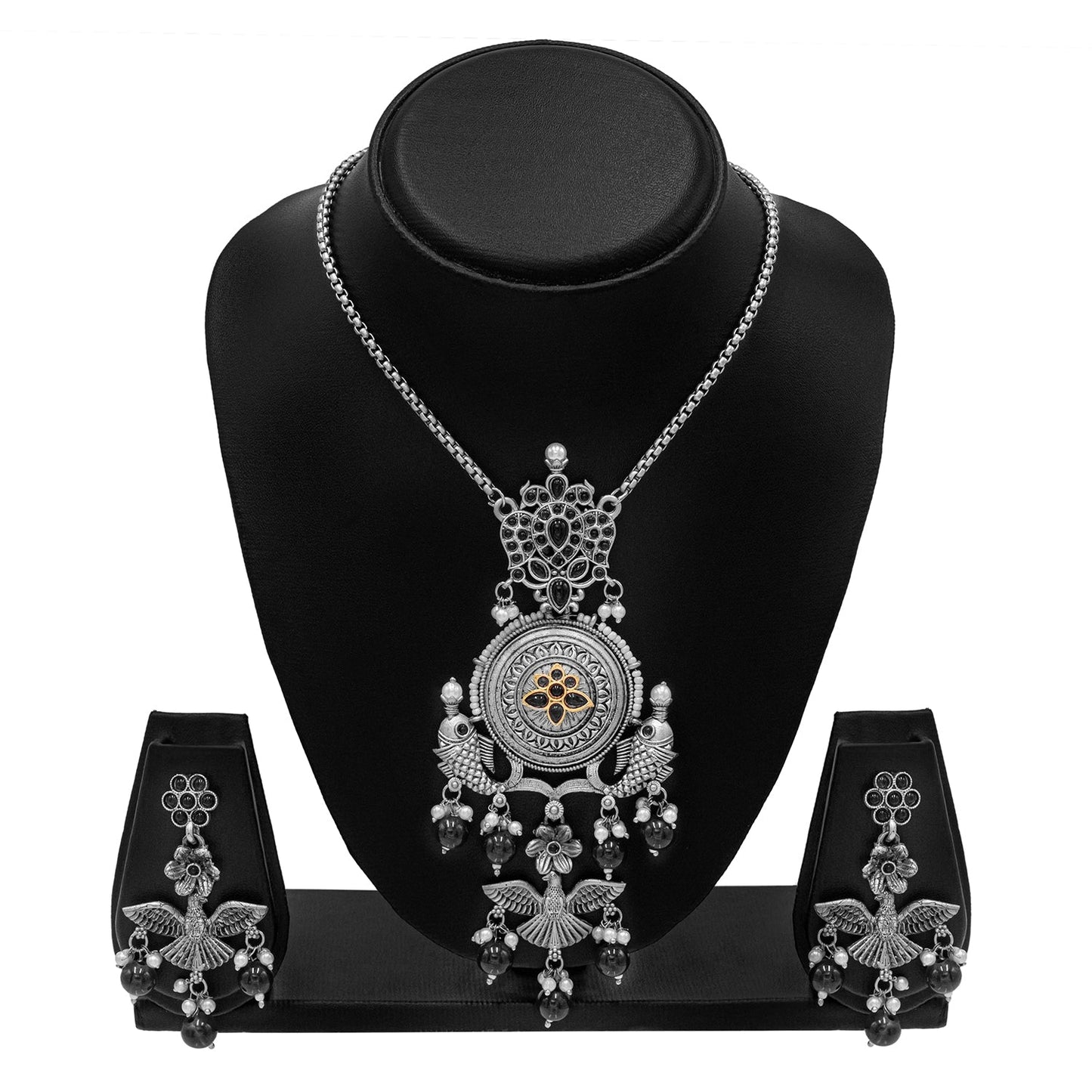 Antique Silver Oxidised Oxidized CZ,Pearl Beaded Fish and Flower Pendant Design With Matching Attractive Earring Long Jewellery Jewelry Necklace Set (SJN_297_S_M)