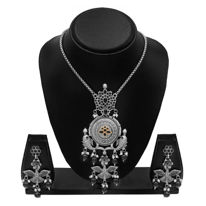 Antique Silver Oxidised Oxidized CZ,Pearl Beaded Fish and Flower Pendant Design With Matching Attractive Earring Long Jewellery Jewelry Necklace Set (SJN_297_S_M)