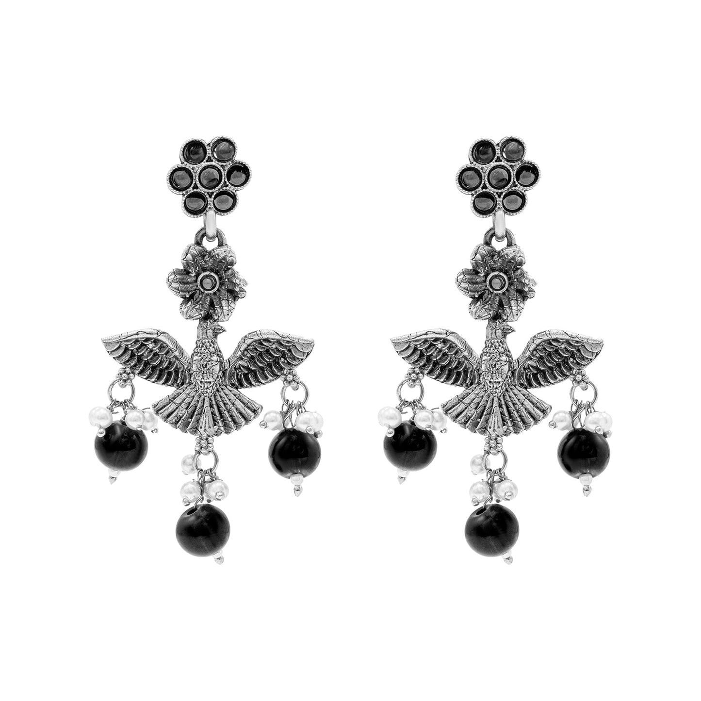 Antique Silver Oxidised Oxidized CZ,Pearl Beaded Fish and Flower Pendant Design With Matching Attractive Earring Long Jewellery Jewelry Necklace Set (SJN_297_S_M)