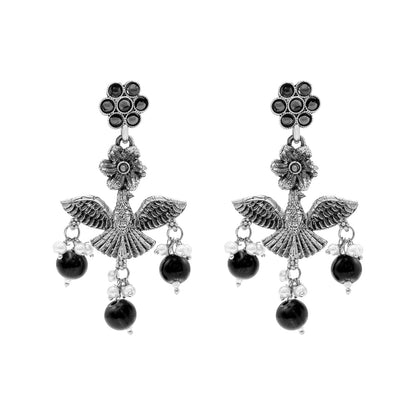 Antique Silver Oxidised Oxidized CZ,Pearl Beaded Fish and Flower Pendant Design With Matching Attractive Earring Long Jewellery Jewelry Necklace Set (SJN_297_S_M)