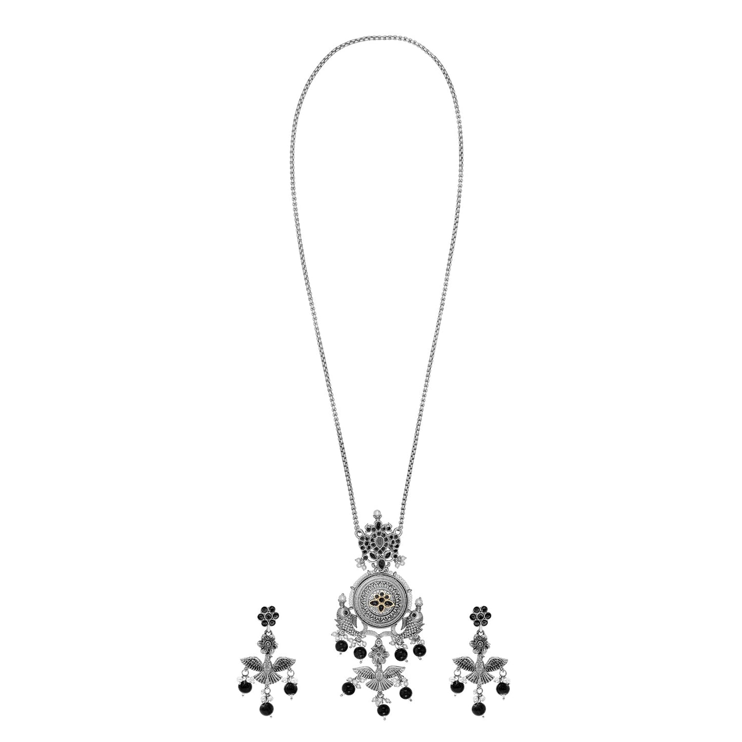 Antique Silver Oxidised Oxidized CZ,Pearl Beaded Fish and Flower Pendant Design With Matching Attractive Earring Long Jewellery Jewelry Necklace Set (SJN_297_S_M)