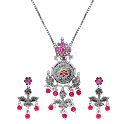 Antique Silver Oxidised Oxidized CZ,Pearl Beaded Fish and Flower Pendant Design With Matching Attractive Earring Long Jewellery Jewelry Necklace Set (SJN_297_S_M)