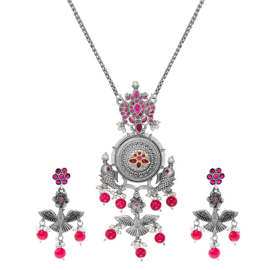 Antique Silver Oxidised Oxidized CZ,Pearl Beaded Fish and Flower Pendant Design With Matching Attractive Earring Long Jewellery Jewelry Necklace Set (SJN_297_S_M)