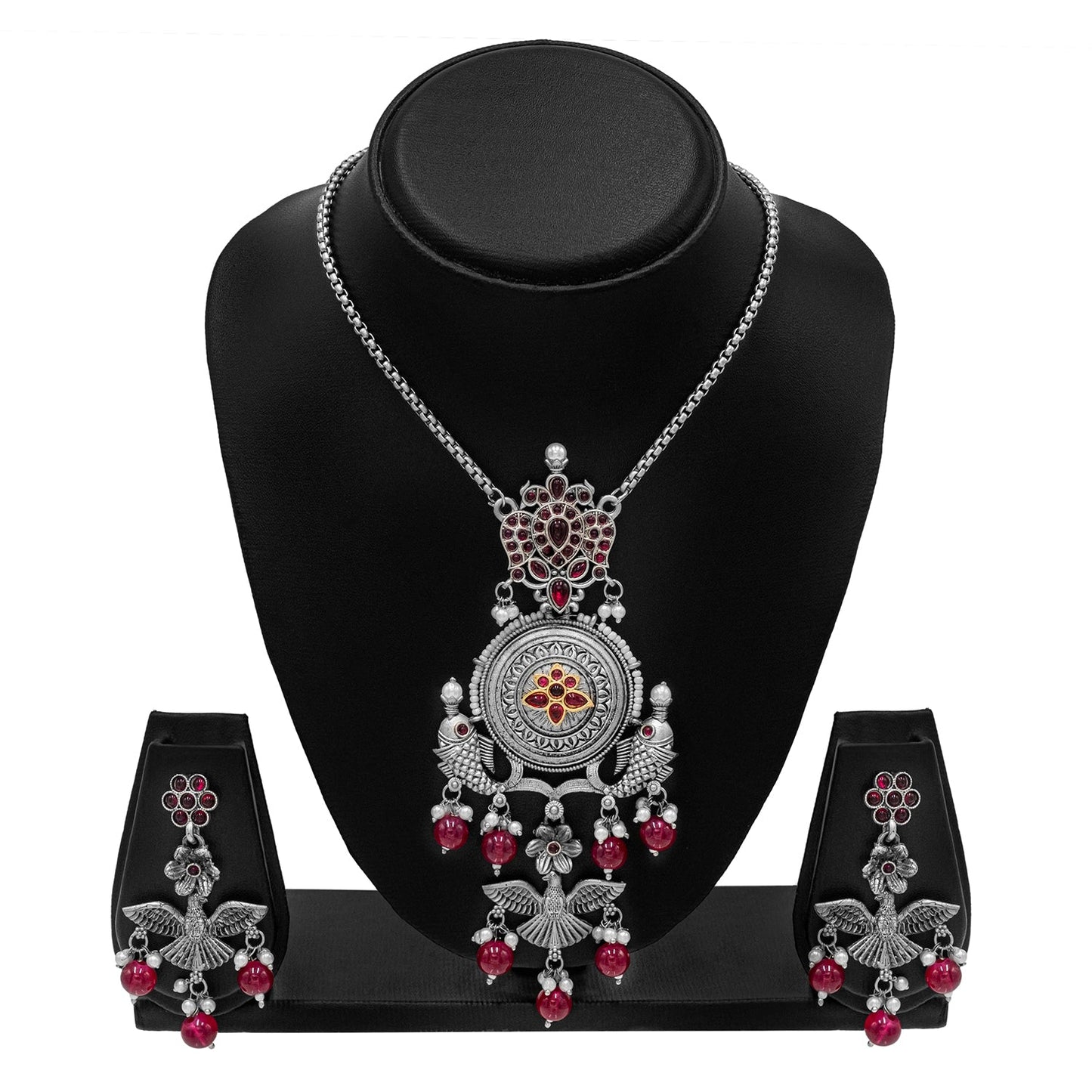 Antique Silver Oxidised Oxidized CZ,Pearl Beaded Fish and Flower Pendant Design With Matching Attractive Earring Long Jewellery Jewelry Necklace Set (SJN_297_S_M)