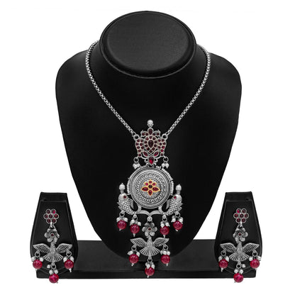 Antique Silver Oxidised Oxidized CZ,Pearl Beaded Fish and Flower Pendant Design With Matching Attractive Earring Long Jewellery Jewelry Necklace Set (SJN_297_S_M)