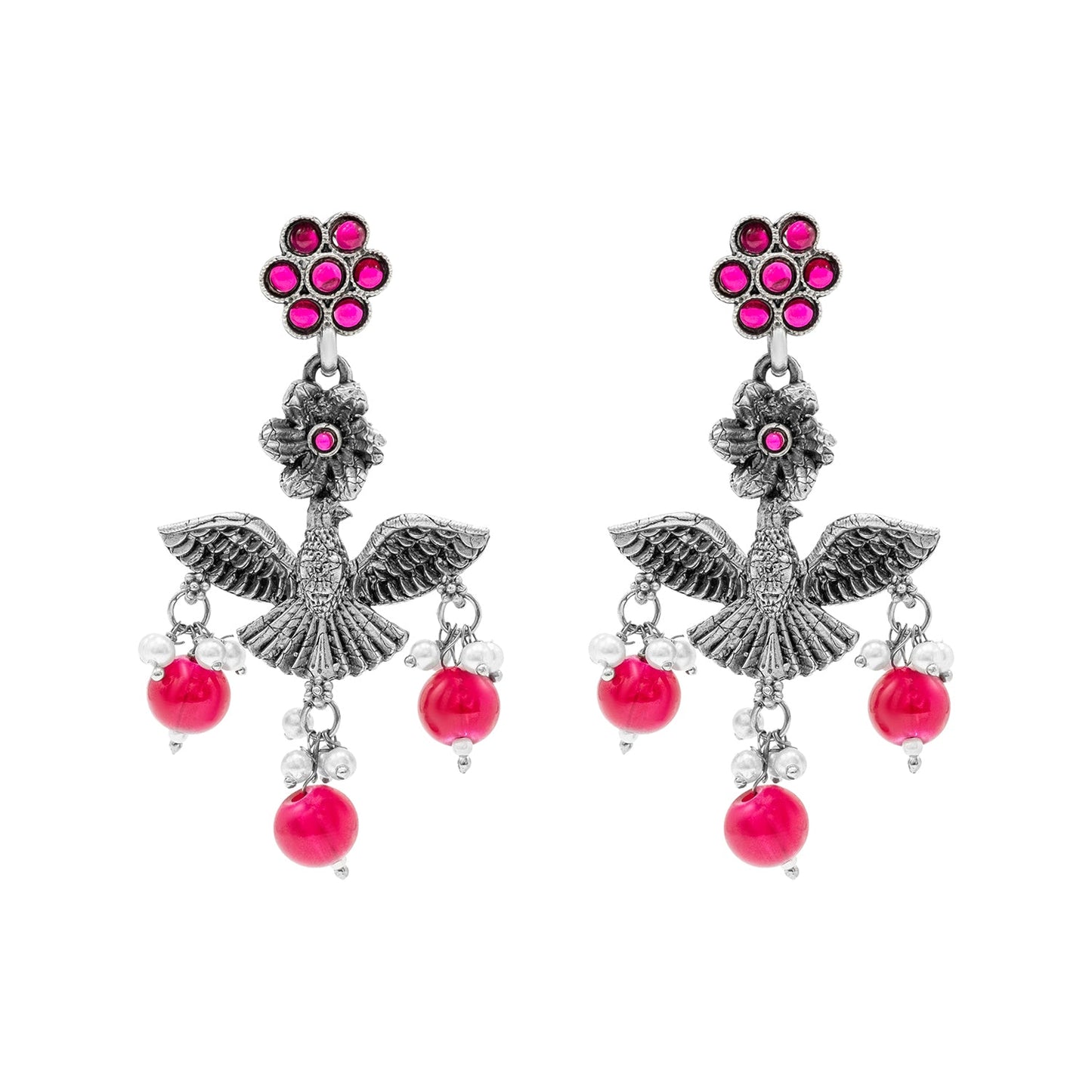 Antique Silver Oxidised Oxidized CZ,Pearl Beaded Fish and Flower Pendant Design With Matching Attractive Earring Long Jewellery Jewelry Necklace Set (SJN_297_S_M)