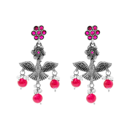 Antique Silver Oxidised Oxidized CZ,Pearl Beaded Fish and Flower Pendant Design With Matching Attractive Earring Long Jewellery Jewelry Necklace Set (SJN_297_S_M)