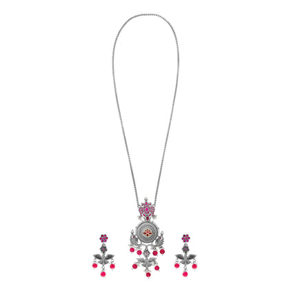 Antique Silver Oxidised Oxidized CZ,Pearl Beaded Fish and Flower Pendant Design With Matching Attractive Earring Long Jewellery Jewelry Necklace Set (SJN_297_S_M)
