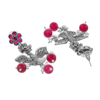 Antique Silver Oxidised Oxidized CZ,Pearl Beaded Fish and Flower Pendant Design With Matching Attractive Earring Long Jewellery Jewelry Necklace Set (SJN_297_S_M)