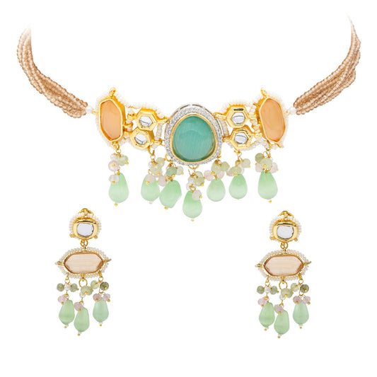Gold Plated Bridal Wedding Multicolored Kundan, CZ Pearl Beaded Choker Necklace with Drop Dangler Maching Earrings Jewellery Jewelry Set For Women (SJN_298.D1)