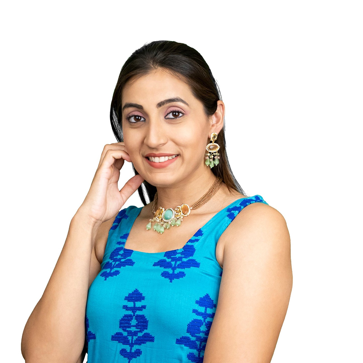 Gold Plated Bridal Wedding Multicolored Kundan, CZ Pearl Beaded Choker Necklace with Drop Dangler Maching Earrings Jewellery Jewelry Set For Women (SJN_298.D1)