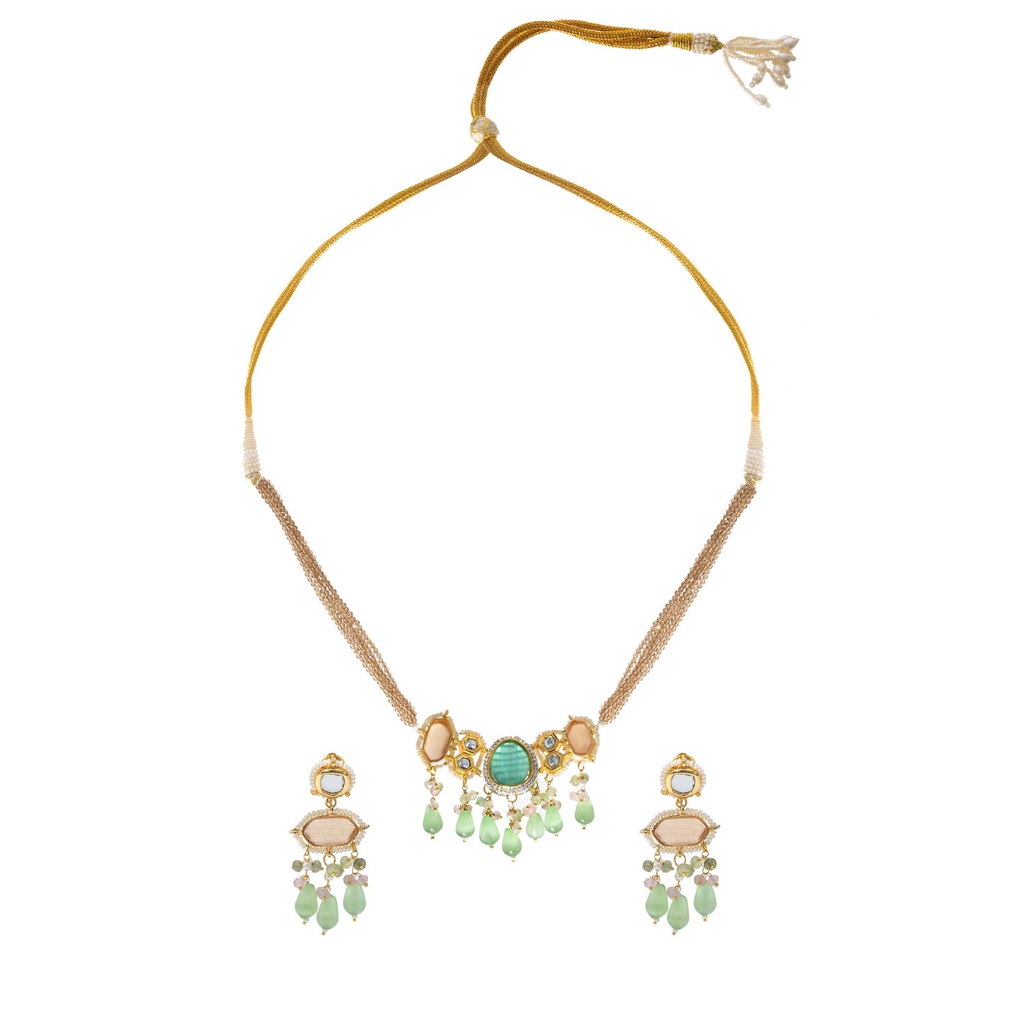 Gold Plated Bridal Wedding Multicolored Kundan, CZ Pearl Beaded Choker Necklace with Drop Dangler Maching Earrings Jewellery Jewelry Set For Women (SJN_298.D1)