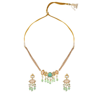 Gold Plated Bridal Wedding Multicolored Kundan, CZ Pearl Beaded Choker Necklace with Drop Dangler Maching Earrings Jewellery Jewelry Set For Women (SJN_298.D1)