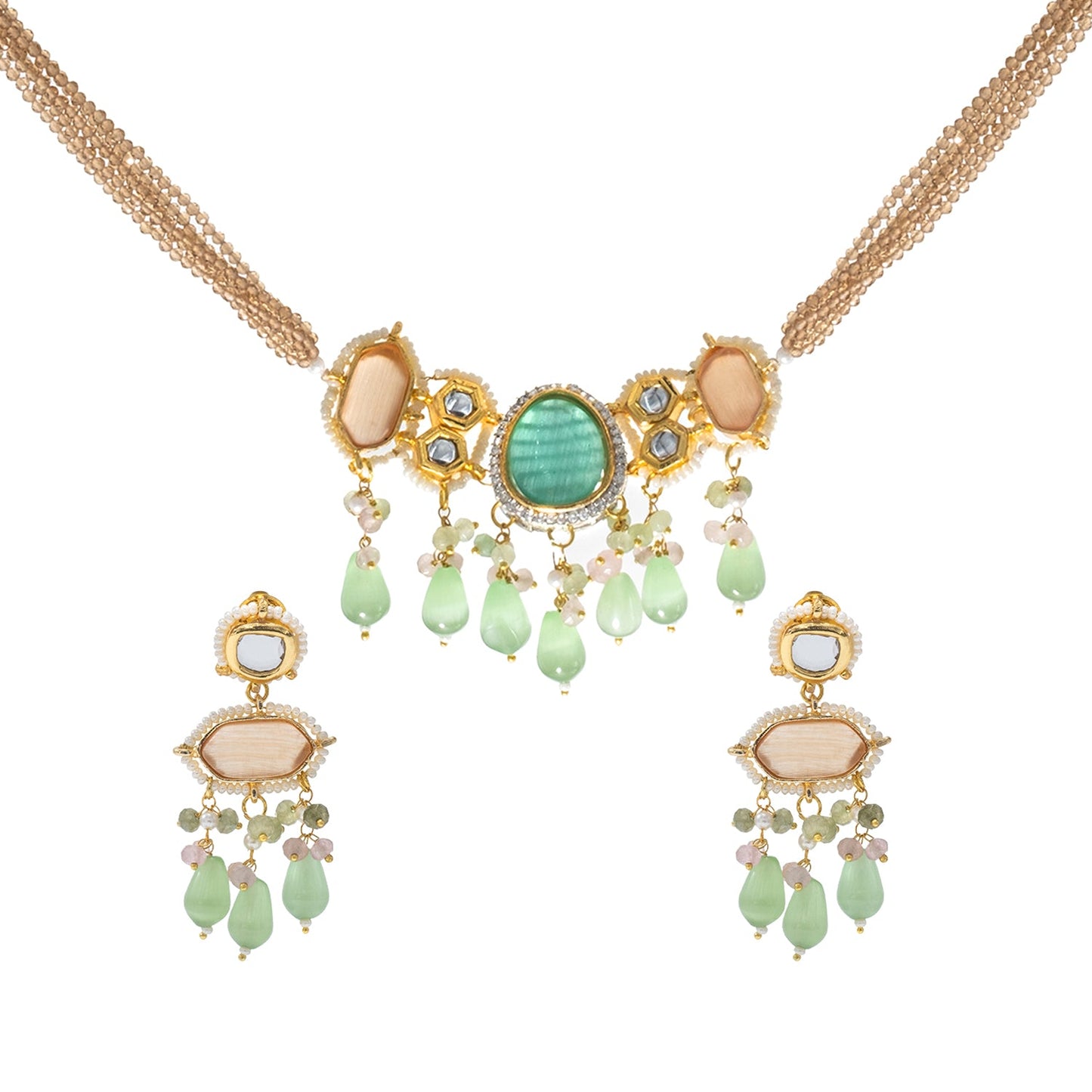 Gold Plated Bridal Wedding Multicolored Kundan, CZ Pearl Beaded Choker Necklace with Drop Dangler Maching Earrings Jewellery Jewelry Set For Women (SJN_298.D1)