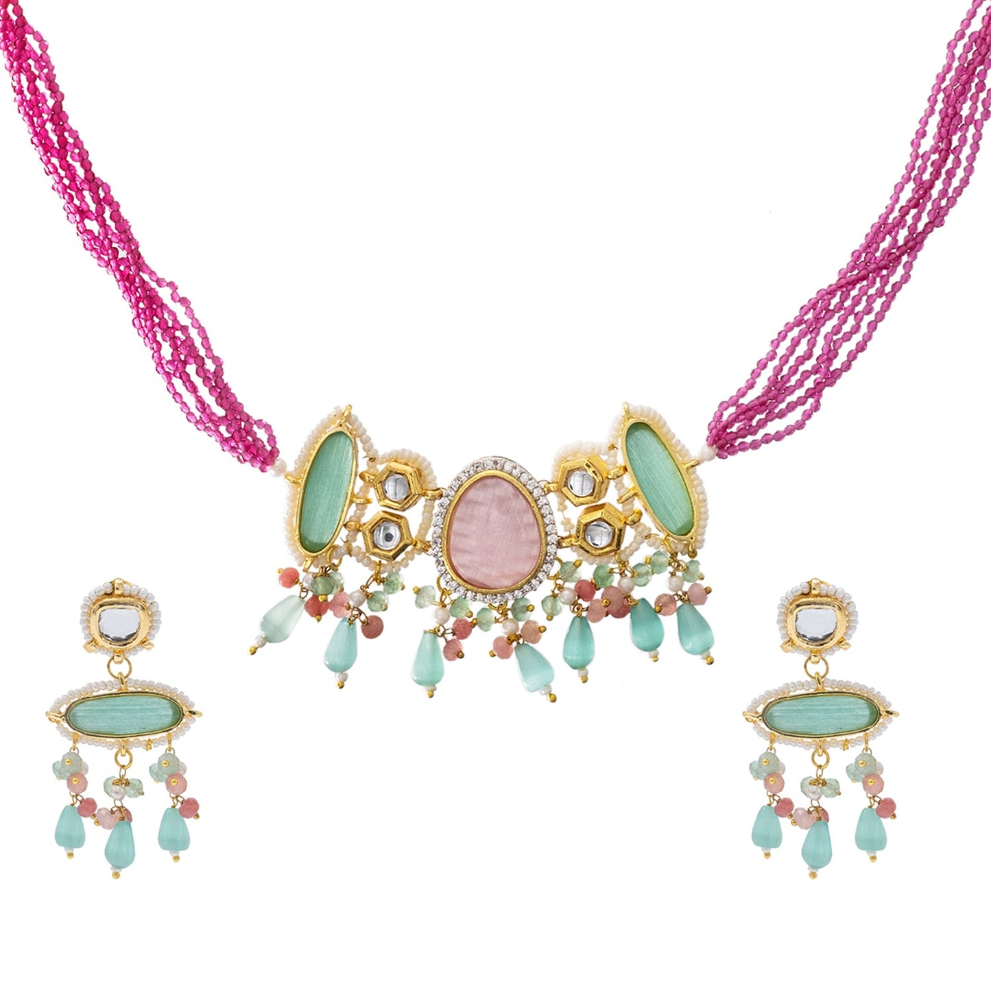 Gold Plated Bridal Wedding Multicolored Kundan, CZ Pearl Beaded Choker Necklace with Drop Dangler Maching Earrings Jewellery Jewelry Set For Women (SJN_298.D2)