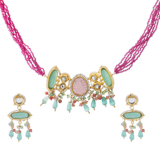 Gold Plated Bridal Wedding Multicolored Kundan, CZ Pearl Beaded Choker Necklace with Drop Dangler Maching Earrings Jewellery Jewelry Set For Women (SJN_298.D2)