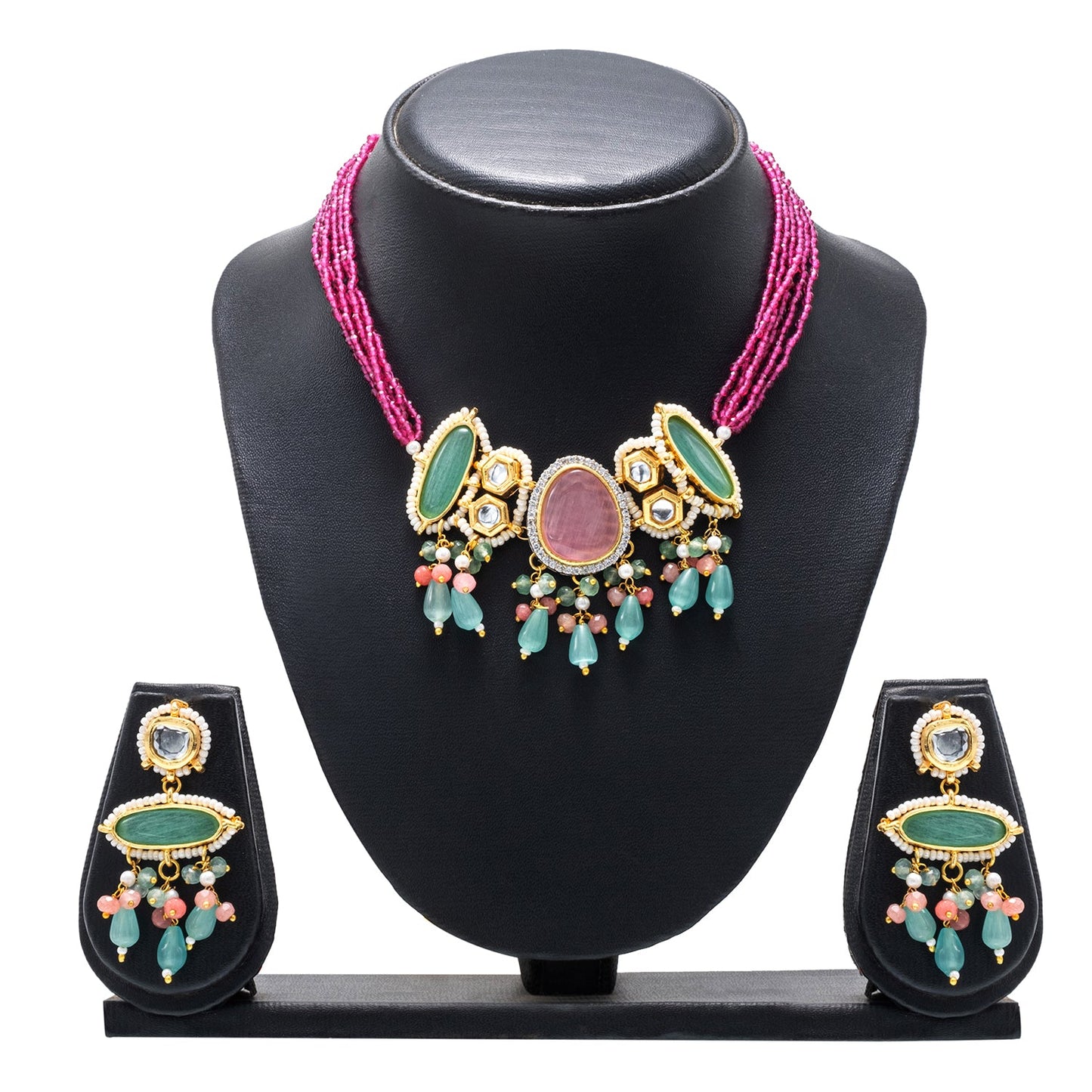 Gold Plated Bridal Wedding Multicolored Kundan, CZ Pearl Beaded Choker Necklace with Drop Dangler Maching Earrings Jewellery Jewelry Set For Women (SJN_298.D2)