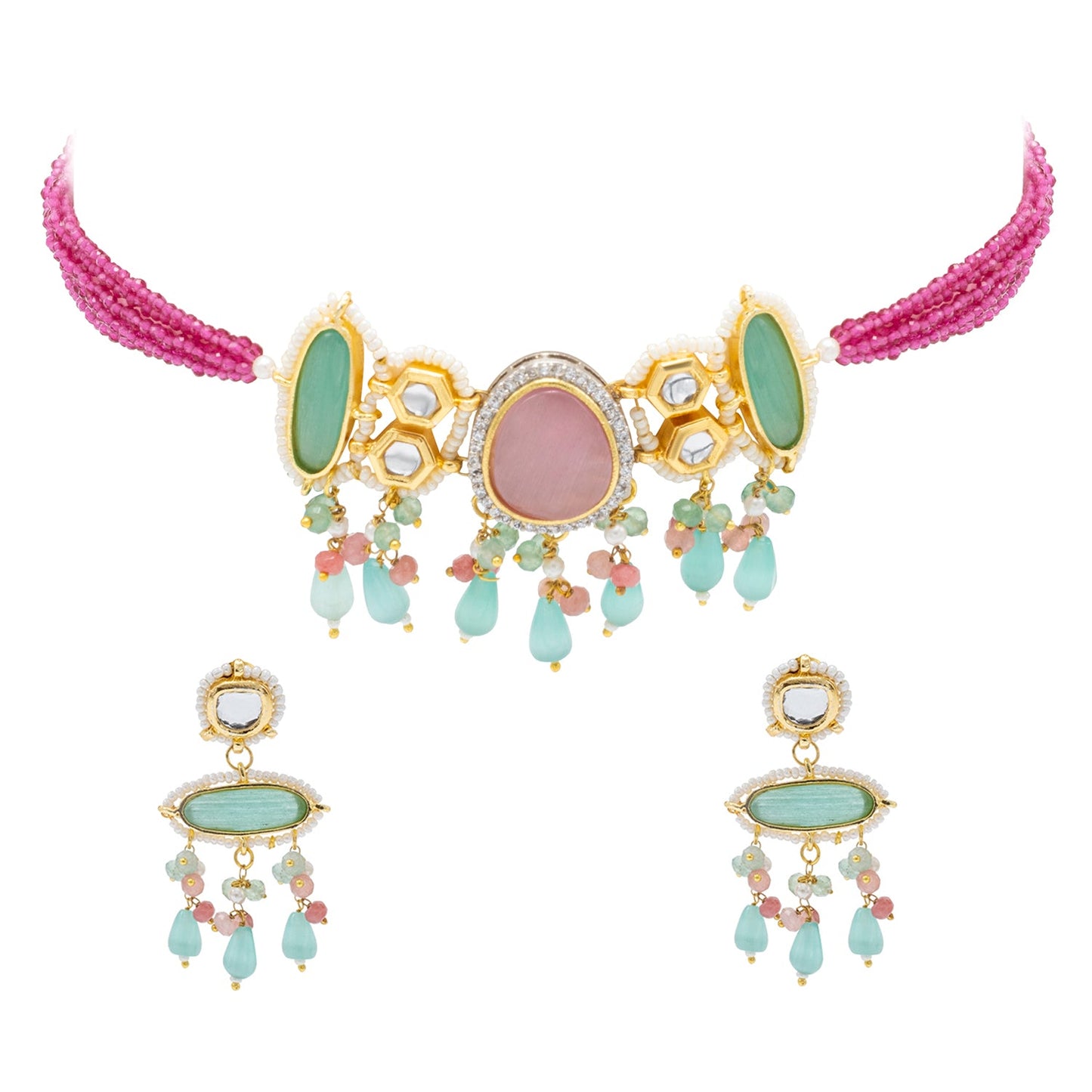 Gold Plated Bridal Wedding Multicolored Kundan, CZ Pearl Beaded Choker Necklace with Drop Dangler Maching Earrings Jewellery Jewelry Set For Women (SJN_298.D2)