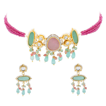 Gold Plated Bridal Wedding Multicolored Kundan, CZ Pearl Beaded Choker Necklace with Drop Dangler Maching Earrings Jewellery Jewelry Set For Women (SJN_298.D2)