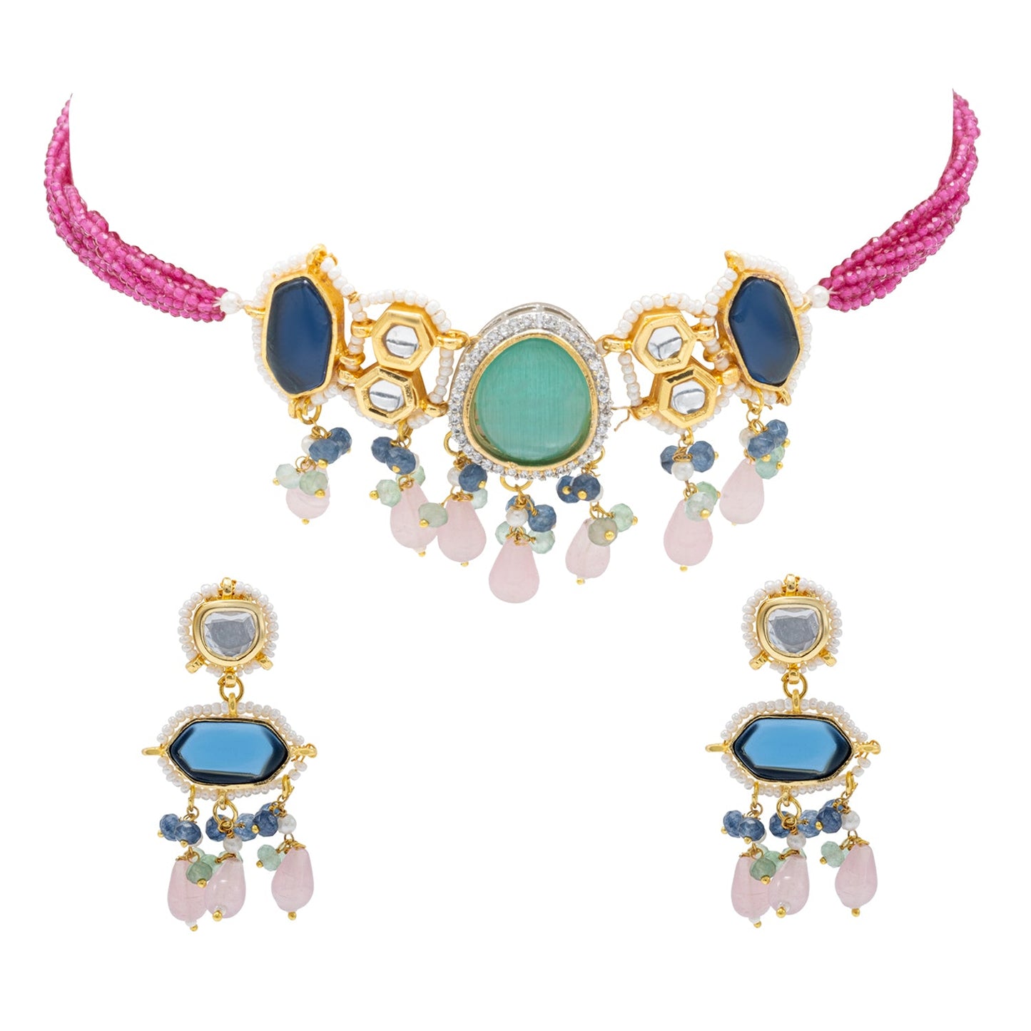 Gold Plated Bridal Wedding Multicolored Kundan, CZ Pearl Beaded Choker Necklace with Drop Dangler Maching Earrings Jewellery Jewelry Set For Women (SJN_298.D3)