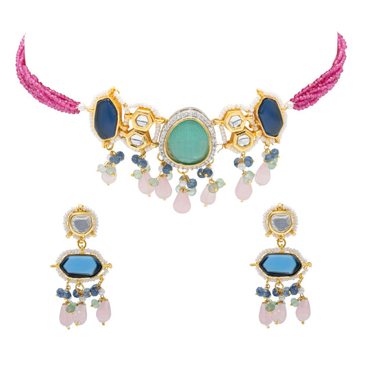 Gold Plated Bridal Wedding Multicolored Kundan, CZ Pearl Beaded Choker Necklace with Drop Dangler Maching Earrings Jewellery Jewelry Set For Women (SJN_298.D3)