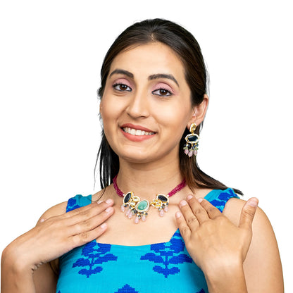 Gold Plated Bridal Wedding Multicolored Kundan, CZ Pearl Beaded Choker Necklace with Drop Dangler Maching Earrings Jewellery Jewelry Set For Women (SJN_298.D3)