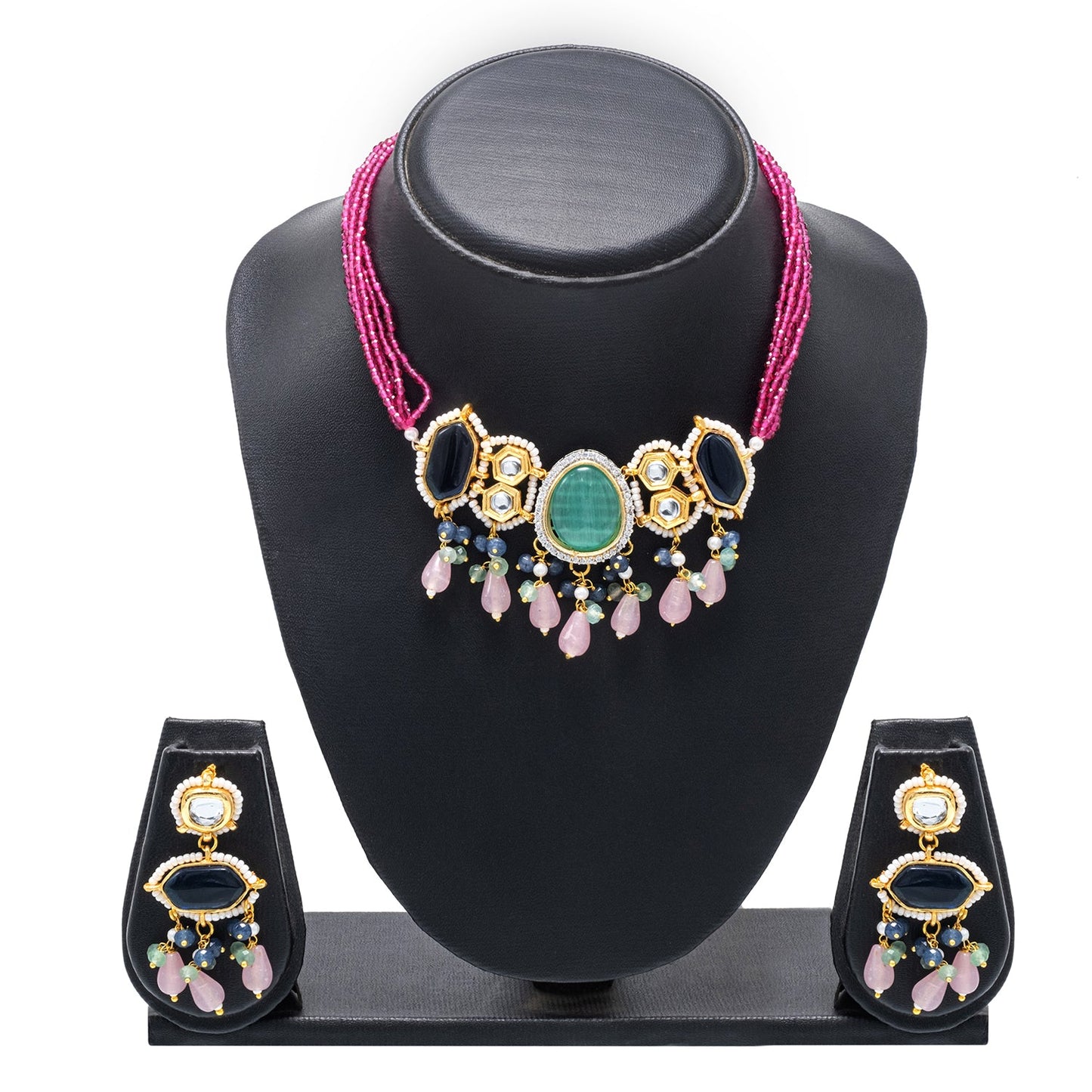 Gold Plated Bridal Wedding Multicolored Kundan, CZ Pearl Beaded Choker Necklace with Drop Dangler Maching Earrings Jewellery Jewelry Set For Women (SJN_298.D3)
