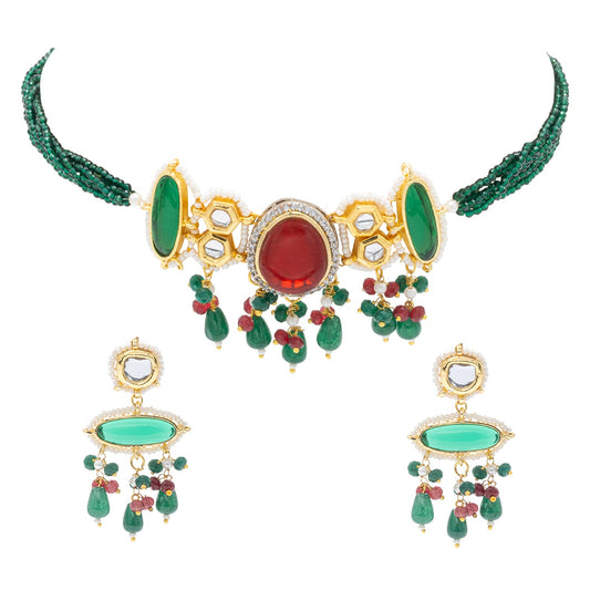Gold Plated Bridal Wedding Multicolored Kundan, CZ Pearl Beaded Choker Necklace with Drop Dangler Maching Earrings Jewellery Jewelry Set For Women (SJN_298.D4)
