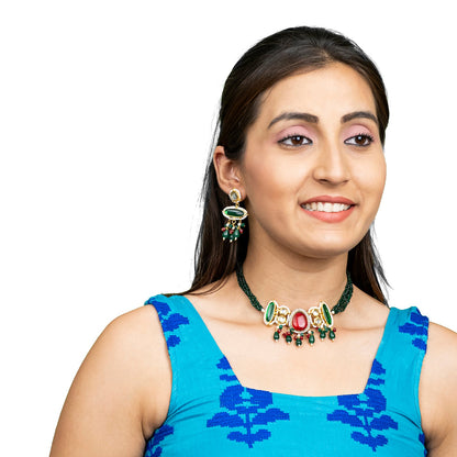 Gold Plated Bridal Wedding Multicolored Kundan, CZ Pearl Beaded Choker Necklace with Drop Dangler Maching Earrings Jewellery Jewelry Set For Women (SJN_298.D4)