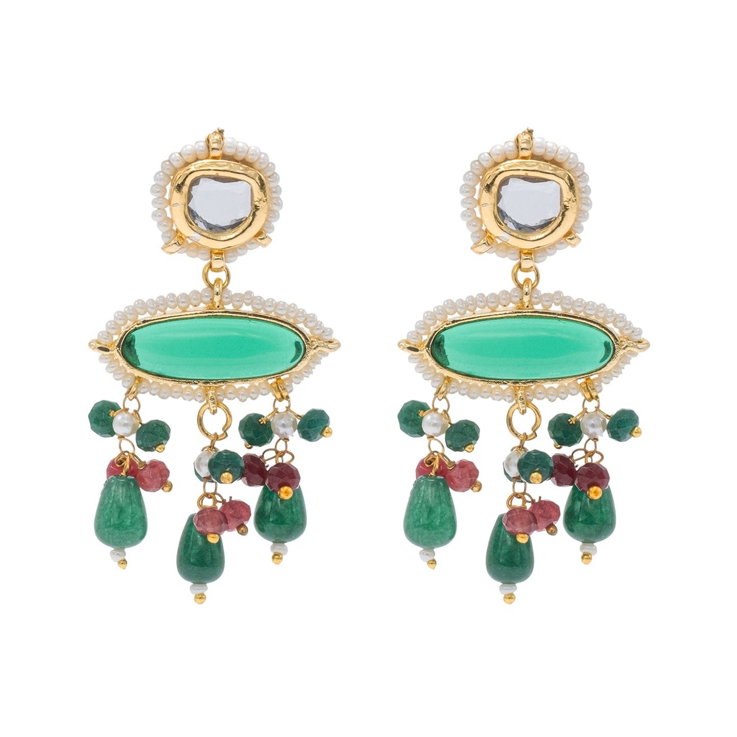 Gold Plated Bridal Wedding Multicolored Kundan, CZ Pearl Beaded Choker Necklace with Drop Dangler Maching Earrings Jewellery Jewelry Set For Women (SJN_298.D4)