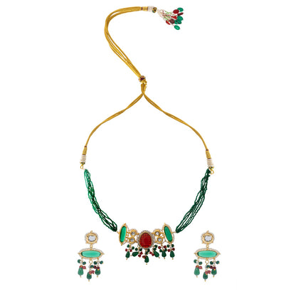 Gold Plated Bridal Wedding Multicolored Kundan, CZ Pearl Beaded Choker Necklace with Drop Dangler Maching Earrings Jewellery Jewelry Set For Women (SJN_298.D4)