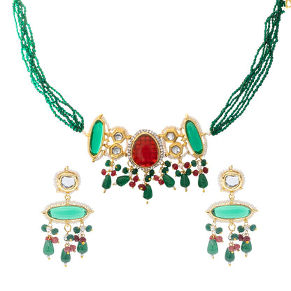 Gold Plated Bridal Wedding Multicolored Kundan, CZ Pearl Beaded Choker Necklace with Drop Dangler Maching Earrings Jewellery Jewelry Set For Women (SJN_298.D4)