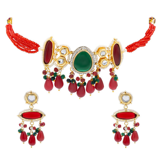 Gold Plated Bridal Wedding Multicolored Kundan, CZ Pearl Beaded Choker Necklace with Drop Dangler Maching Earrings Jewellery Jewelry Set For Women (SJN_298.D5)
