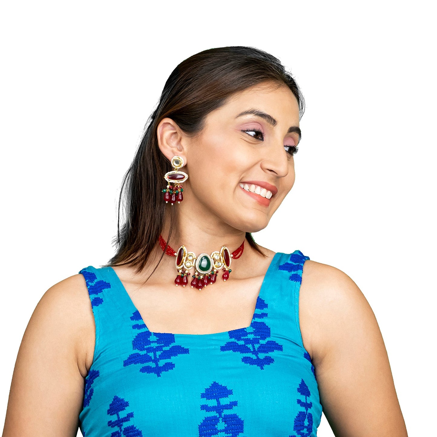 Gold Plated Bridal Wedding Multicolored Kundan, CZ Pearl Beaded Choker Necklace with Drop Dangler Maching Earrings Jewellery Jewelry Set For Women (SJN_298.D5)