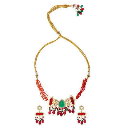 Gold Plated Bridal Wedding Multicolored Kundan, CZ Pearl Beaded Choker Necklace with Drop Dangler Maching Earrings Jewellery Jewelry Set For Women (SJN_298.D5)