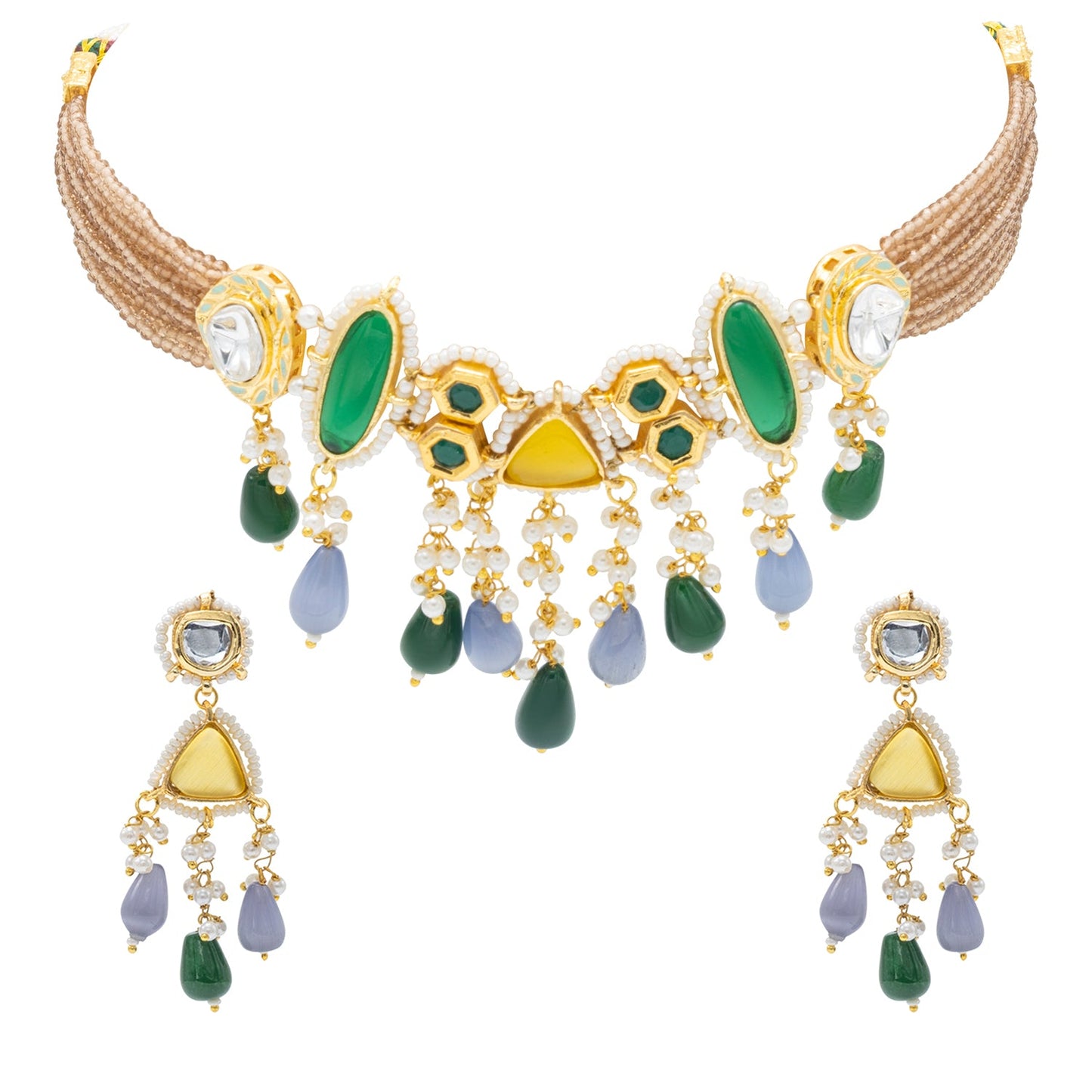 Shining Jewel Gold Plated Bridal Wedding Multicolored Kundan, CZ Pearl Beaded Choker Necklace with Drop Dangler Maching Earrings Jewellery Jewelry Set For Women (SJN_299.D1)
