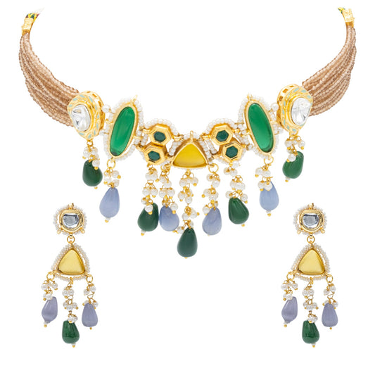 Shining Jewel Gold Plated Bridal Wedding Multicolored Kundan, CZ Pearl Beaded Choker Necklace with Drop Dangler Maching Earrings Jewellery Jewelry Set For Women (SJN_299.D1)