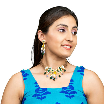Shining Jewel Gold Plated Bridal Wedding Multicolored Kundan, CZ Pearl Beaded Choker Necklace with Drop Dangler Maching Earrings Jewellery Jewelry Set For Women (SJN_299.D1)