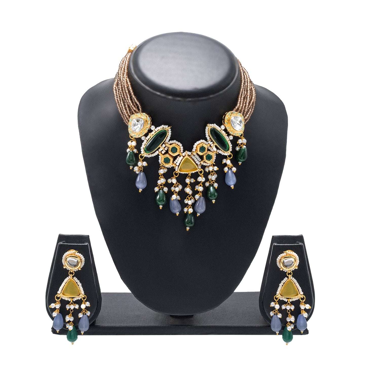Shining Jewel Gold Plated Bridal Wedding Multicolored Kundan, CZ Pearl Beaded Choker Necklace with Drop Dangler Maching Earrings Jewellery Jewelry Set For Women (SJN_299.D1)