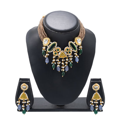 Shining Jewel Gold Plated Bridal Wedding Multicolored Kundan, CZ Pearl Beaded Choker Necklace with Drop Dangler Maching Earrings Jewellery Jewelry Set For Women (SJN_299.D1)