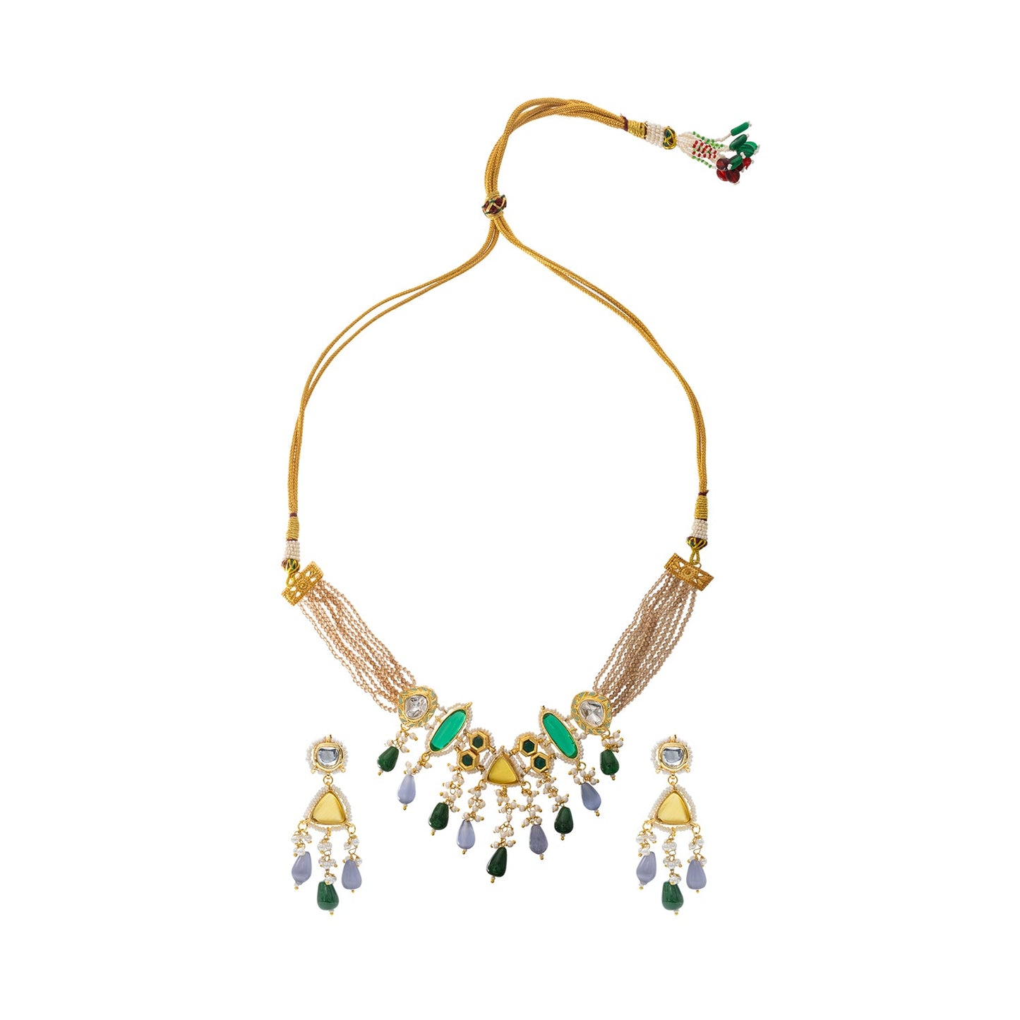 Shining Jewel Gold Plated Bridal Wedding Multicolored Kundan, CZ Pearl Beaded Choker Necklace with Drop Dangler Maching Earrings Jewellery Jewelry Set For Women (SJN_299.D1)