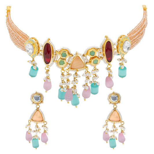 Shining Jewel Gold Plated Bridal Wedding Multicolored Kundan, CZ Pearl Beaded Choker Necklace with Drop Dangler Maching Earrings Jewellery Jewelry Set For Women (SJN_299.D2)