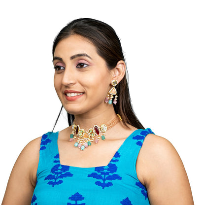 Shining Jewel Gold Plated Bridal Wedding Multicolored Kundan, CZ Pearl Beaded Choker Necklace with Drop Dangler Maching Earrings Jewellery Jewelry Set For Women (SJN_299.D2)