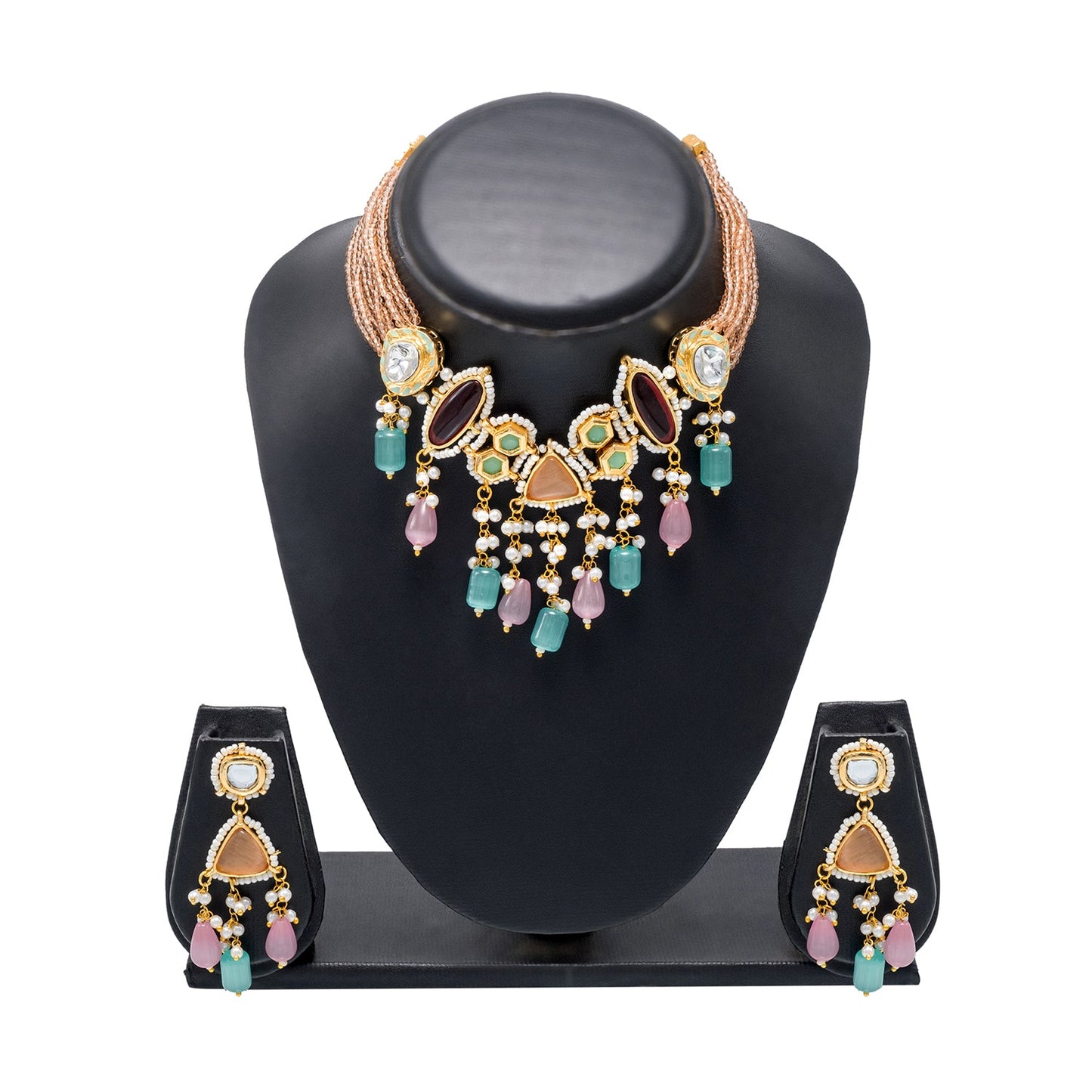 Shining Jewel Gold Plated Bridal Wedding Multicolored Kundan, CZ Pearl Beaded Choker Necklace with Drop Dangler Maching Earrings Jewellery Jewelry Set For Women (SJN_299.D2)