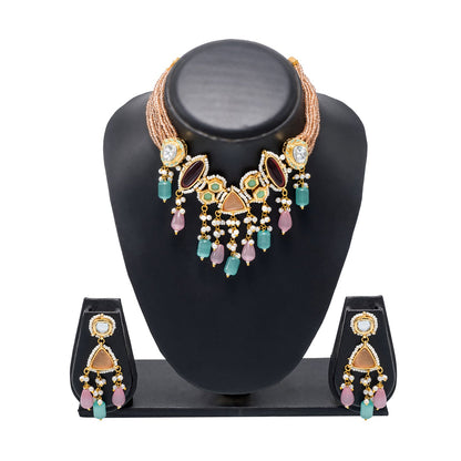Shining Jewel Gold Plated Bridal Wedding Multicolored Kundan, CZ Pearl Beaded Choker Necklace with Drop Dangler Maching Earrings Jewellery Jewelry Set For Women (SJN_299.D2)
